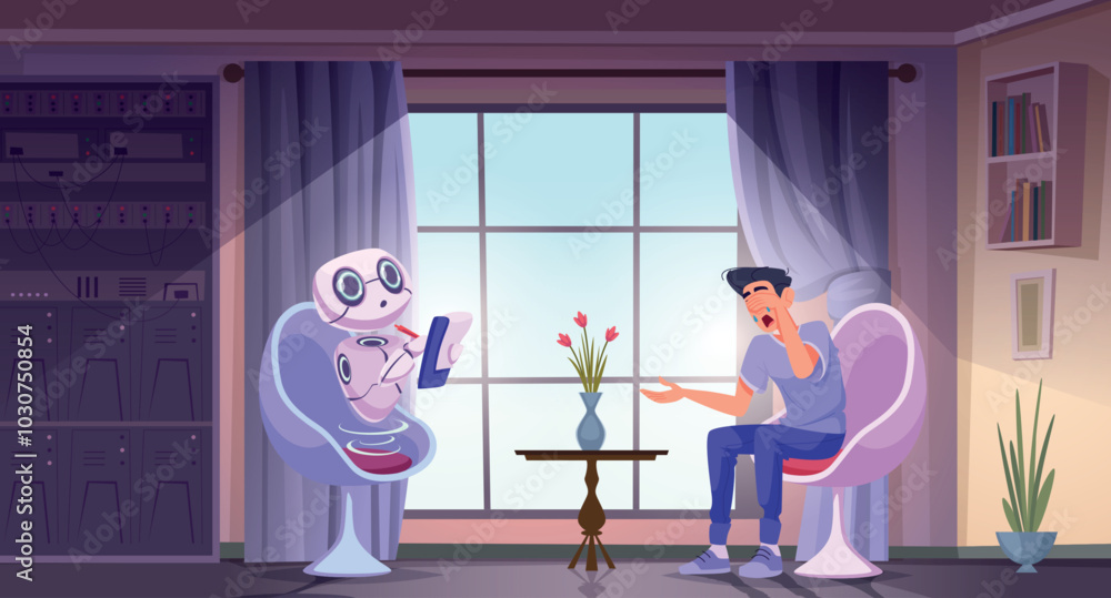 Poster ai dialogue. background conceptual illustration of smart chatbot and male person smart future connec