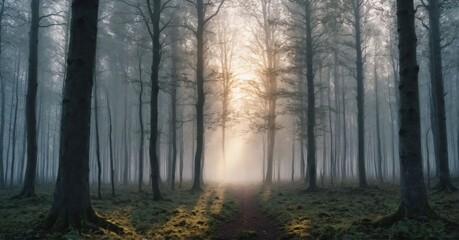 Majestic photo of a foggy forest at dawn
