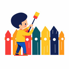 young boy joyfully painting colorful wooden fence, showcasing creativity and playfulness. This illustration captures essence of childhood imagination and artistic expression