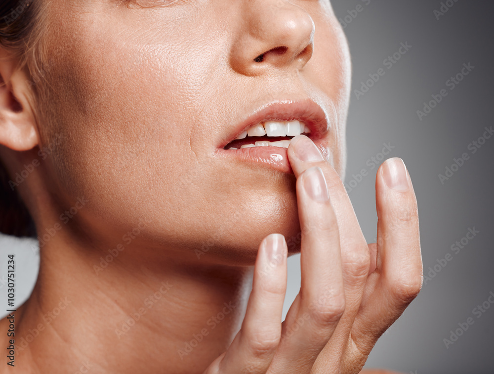 Sticker Woman, mouth and lips in studio with gloss, makeup cosmetics and beauty on gray background. Female person, facial treatment and grooming for hydration, apply moisturizer and closeup for dermatology