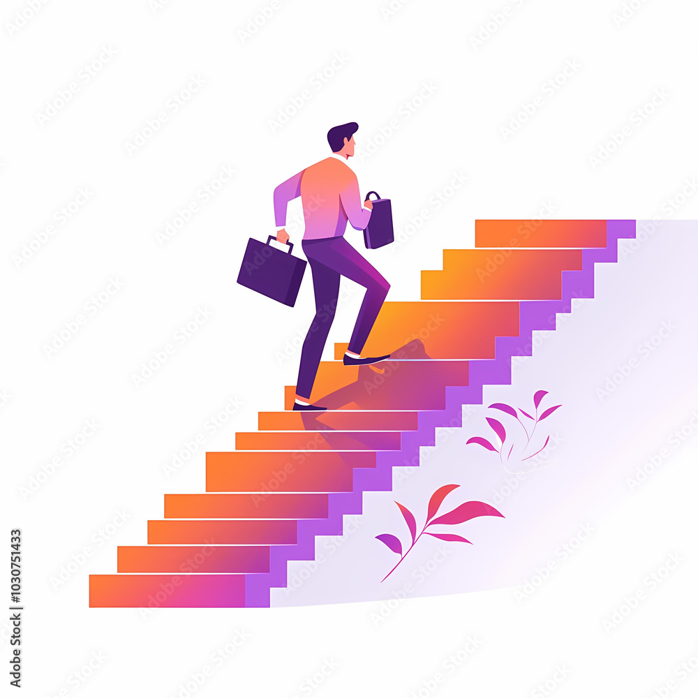 Wall mural businessman is climbing colorful stairs of success, carrying briefcases, symbolizing ambition and pr