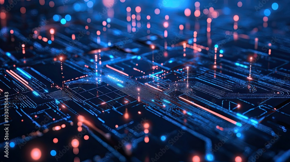 Poster abstract circuit board with glowing data lines and digital particles representing tech-driven innova
