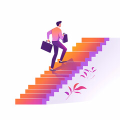 businessman is climbing colorful stairs of success, carrying briefcases, symbolizing ambition and progress. vibrant colors and design evoke sense of motivation and achievement