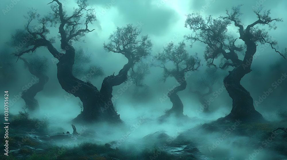 Poster mysterious foggy forest with twisted trees and ethereal atmosphere.