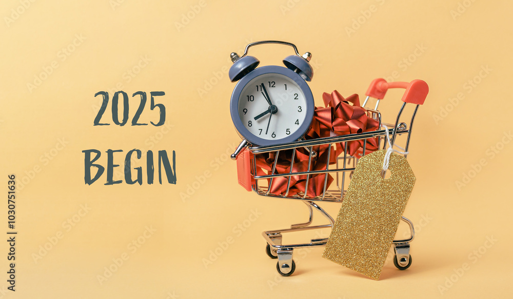 Poster shopping cart with a clock on it