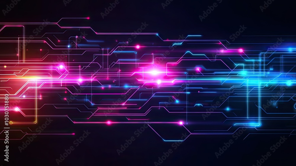 Poster abstract digital circuit board background with glowing neon lines representing data flow and technol