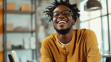 Naklejka premium Smiling Young Black Man in Glasses at Work