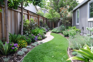 Sunrise Landscaping Style Backyard with Wooden Fence, Green Grass Path to Front Door, Grey House with White Windows, Side View Showing Garden Gate