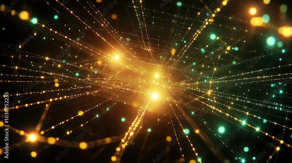 Poster abstract digital network grid with pulsating lights symbolizing connectivity in modern technological