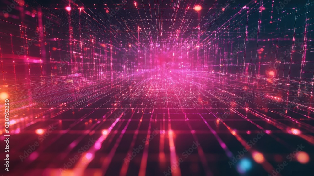 Poster abstract digital network grid with pulsating lights symbolizing connectivity in modern technological