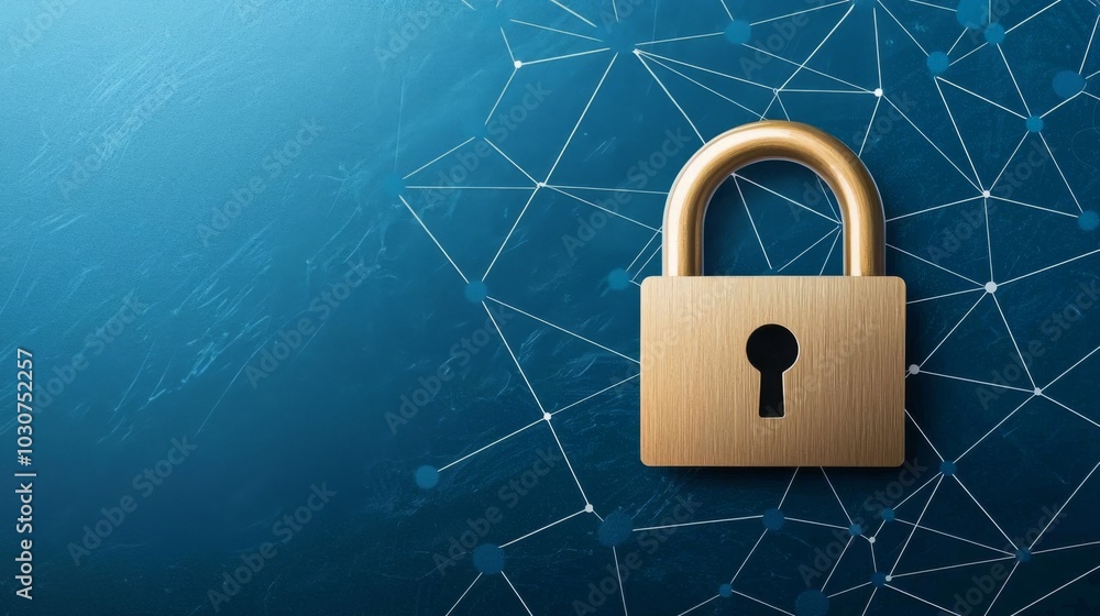 Poster a golden padlock on a blue background with interconnected lines represents security and digital prot