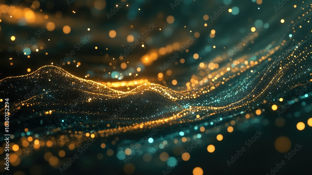 Poster abstract digital network of glowing particles and waveforms representing data flow and technological