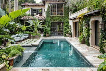 Small Backyard with Pool, Hollywood Hills Home in the Background, Surrounded by Large Plants and Hedges