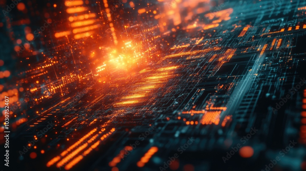 Poster abstract digital particles and flowing circuits representing the speed of technological innovation a
