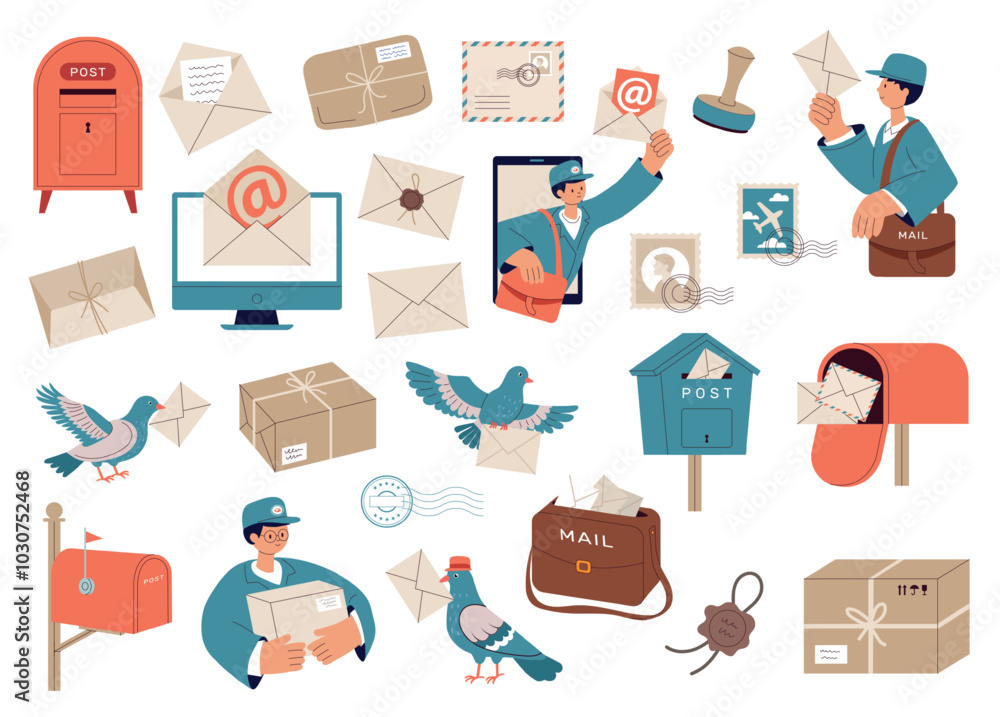 Poster post service. mail pigeon postman items online connection envelope recent vector collection illustra