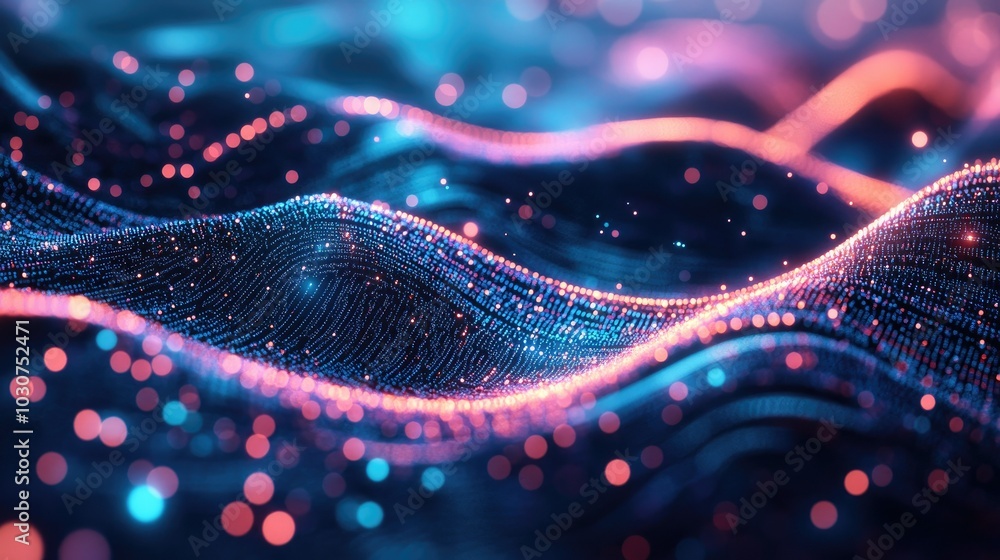 Poster abstract digital particles and flowing circuits representing the speed of technological innovation a
