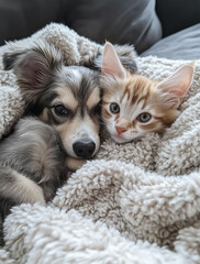 Obraz premium A cute puppy and kitten lying together on a fluffy blanket.