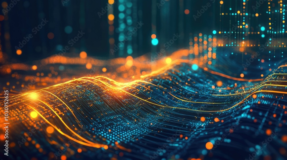 Poster abstract digital particles and flowing circuits representing the speed of technological innovation a