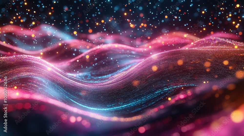 Poster abstract digital particles and glowing waves in a futuristic tech environment representing data flow