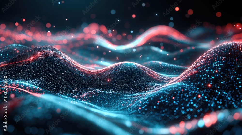 Poster abstract digital particles and glowing waves in a futuristic tech environment representing data flow