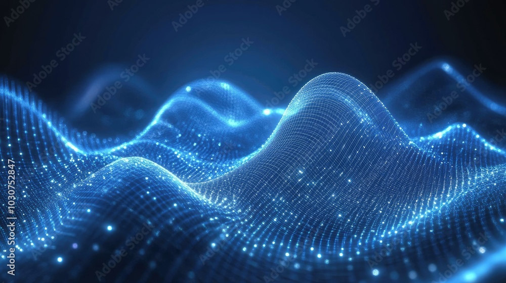 Poster abstract digital waveforms and particles representing the flow of information in technological proce