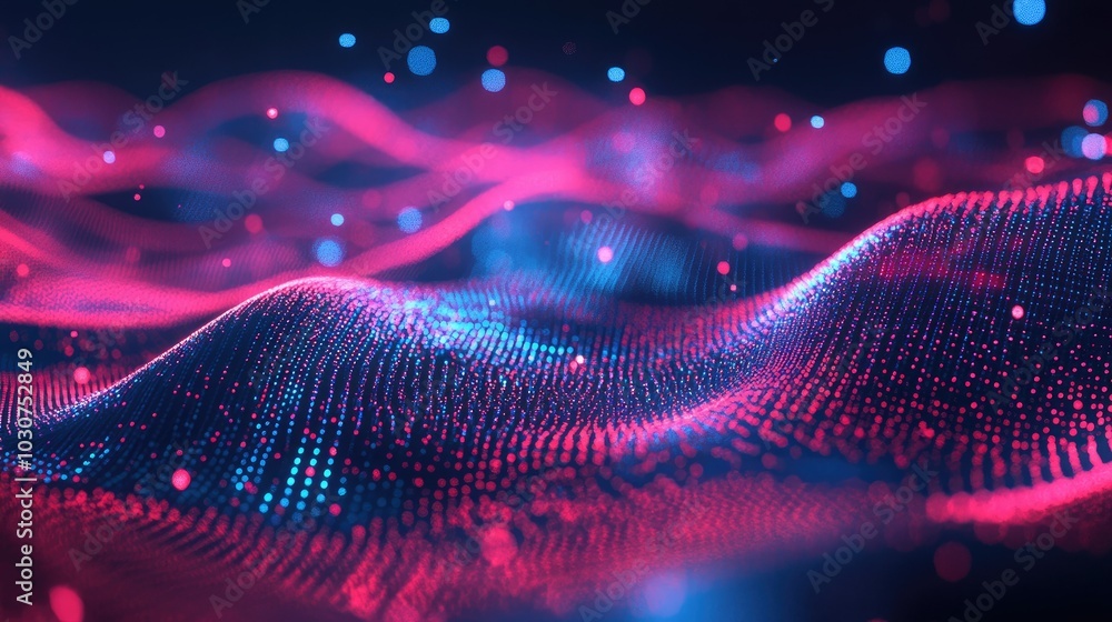 Poster abstract digital waveforms and particles representing the flow of information in technological proce