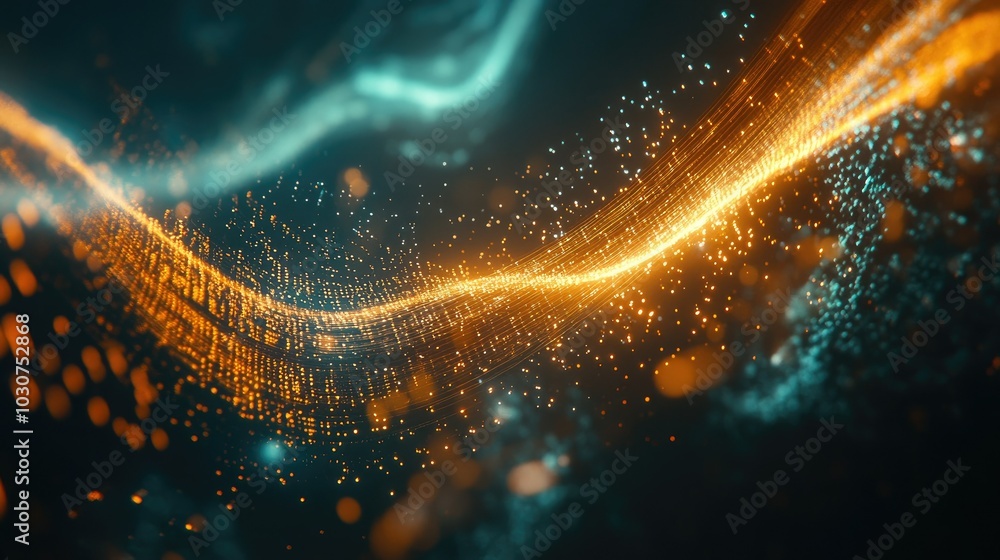 Poster abstract digital waveforms and particles representing the flow of information in technological proce