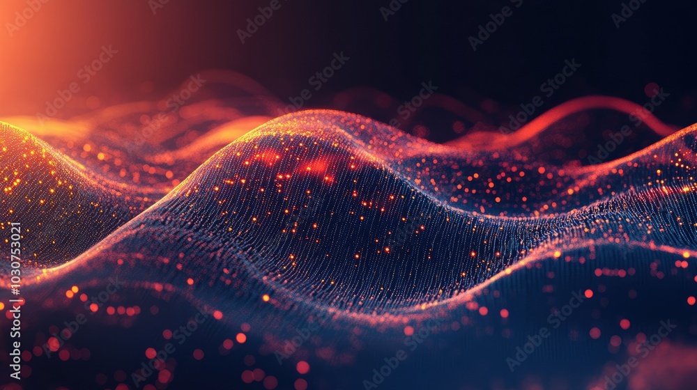 Poster abstract digital waves and glowing data points representing the speed and evolution of modern techno