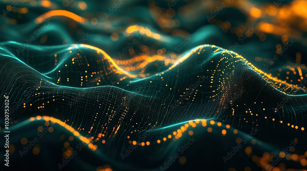Poster abstract flowing data particles and glowing waves representing the complexity of technological proce