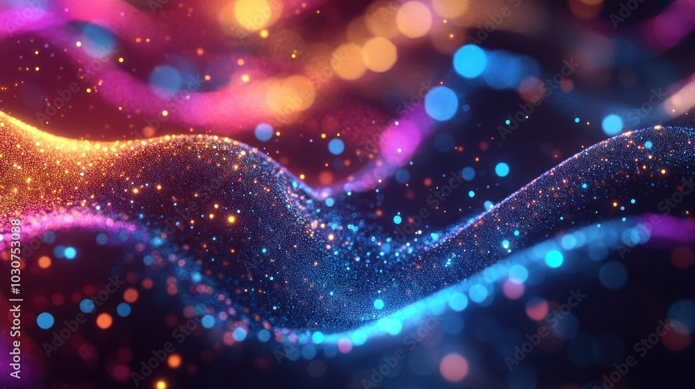 Poster abstract flowing data particles and glowing waves representing the complexity of technological proce