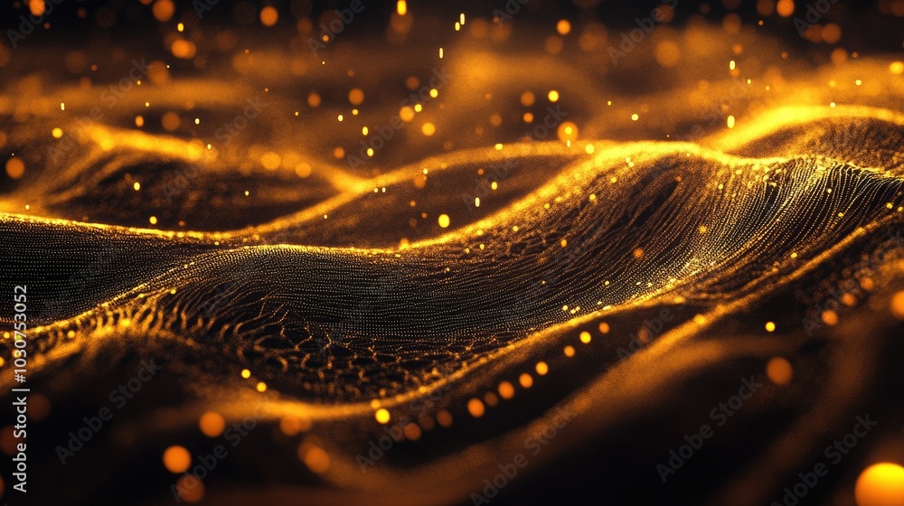 Poster abstract flowing data particles and glowing waves representing the complexity of technological proce