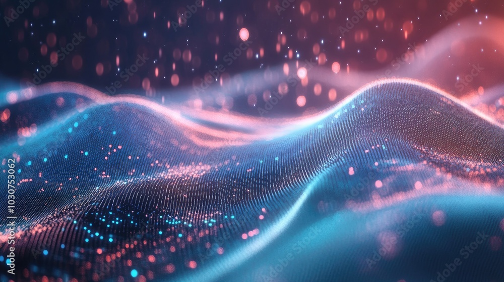 Poster abstract flowing data particles and glowing waves representing the complexity of technological proce