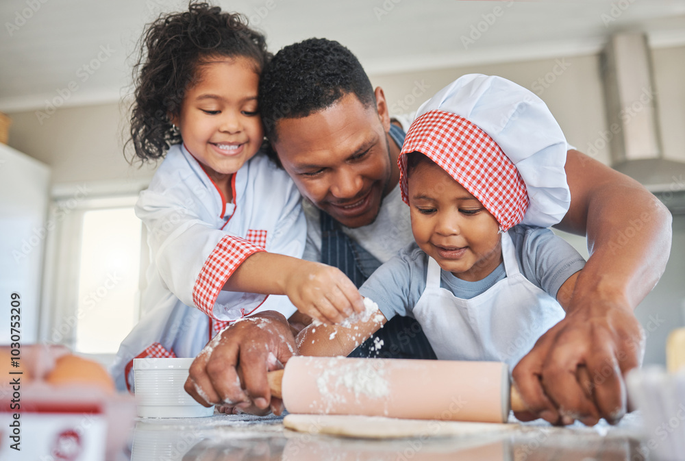 Sticker Kitchen, father and children with roller for baking, learning and motor development for childhood. Teamwork, dad and kids at home for support, helping and preparation for pastry with smile in house