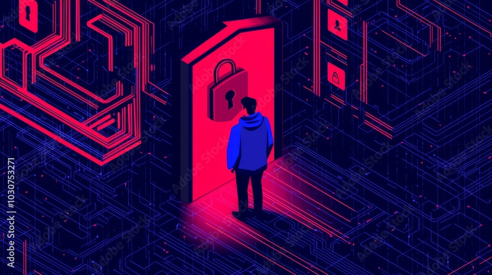 Poster a person stands in front of a glowing locked door, surrounded by digital patterns, symbolizing cyber