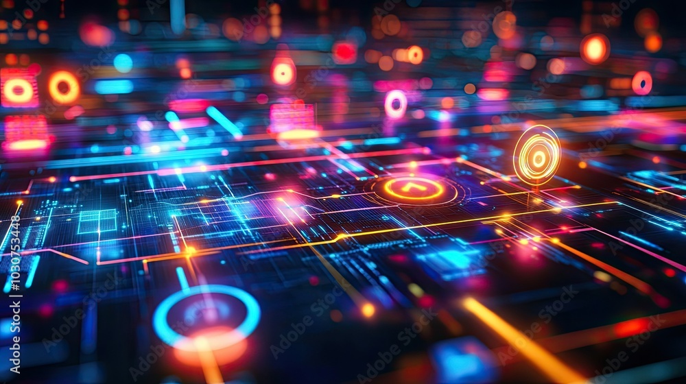 Poster Abstract futuristic interface with glowing data nodes and digital signals representing modern tech processes