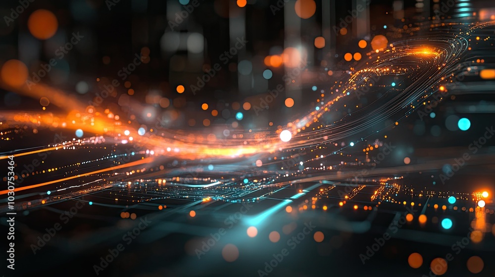 Poster Abstract futuristic interface with glowing data nodes and digital signals representing modern tech processes