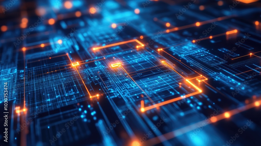 Poster Abstract futuristic interface with glowing data nodes and digital signals representing modern tech processes