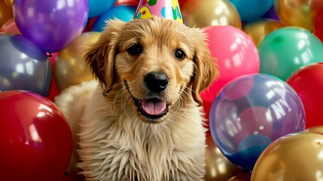 A golden retriever puppy wearing a birthday hat smiles surrounded by colorful balloons