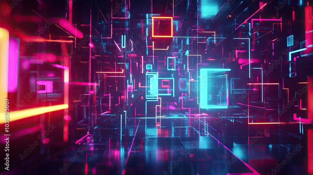Poster abstract geometric shapes and digital nodes glowing in a high-tech digital environment representing 