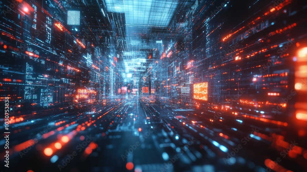 Poster abstract geometric shapes and digital nodes glowing in a high-tech digital environment representing 
