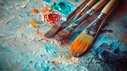 Fototapeta premium Three paintbrushes with paint on them lay on a colorful artist's palette.