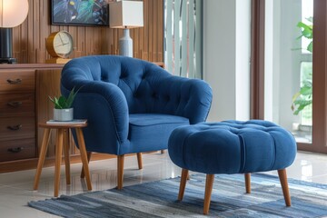 Elegant Blue Chair and Ottoman Set with Modern Wooden Legs for Comfortable Seating