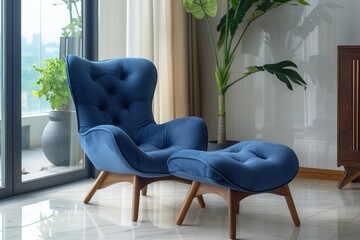 Elegant Blue Chair and Ottoman Set with Modern Wooden Legs for Comfortable Seating