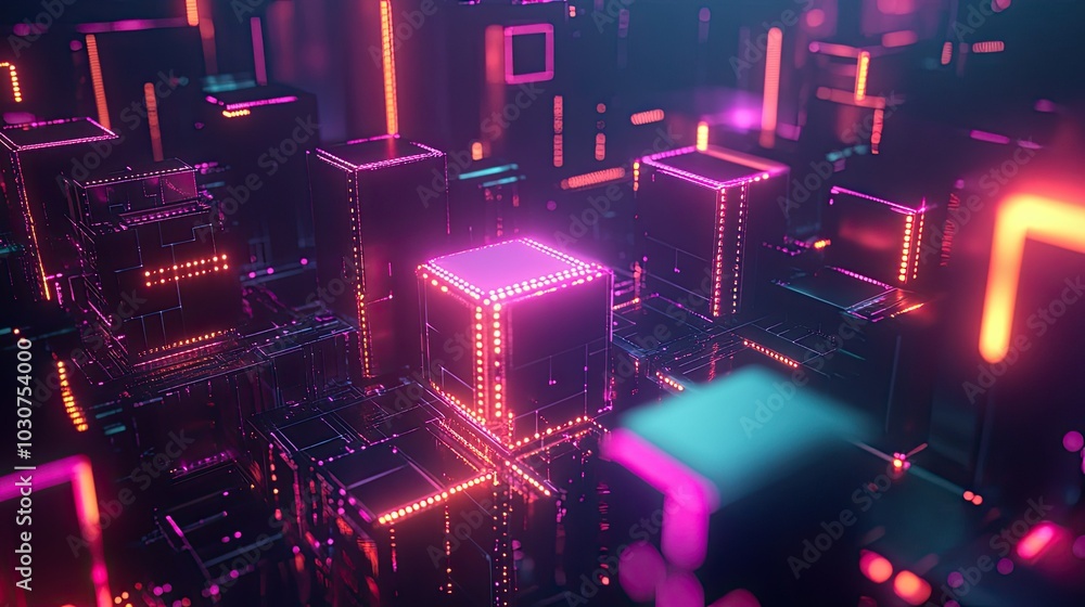 Poster abstract geometric shapes and glowing circuits representing the flow of data in technological system