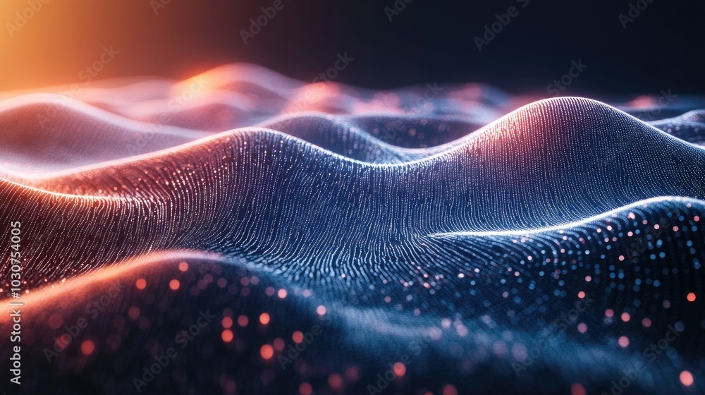 Poster abstract geometric shapes and glowing data points representing the flow of information in tech proce