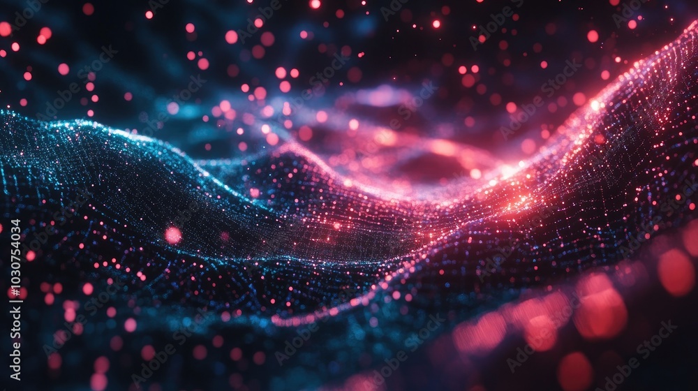 Poster abstract geometric shapes and glowing data points representing the flow of information in tech proce