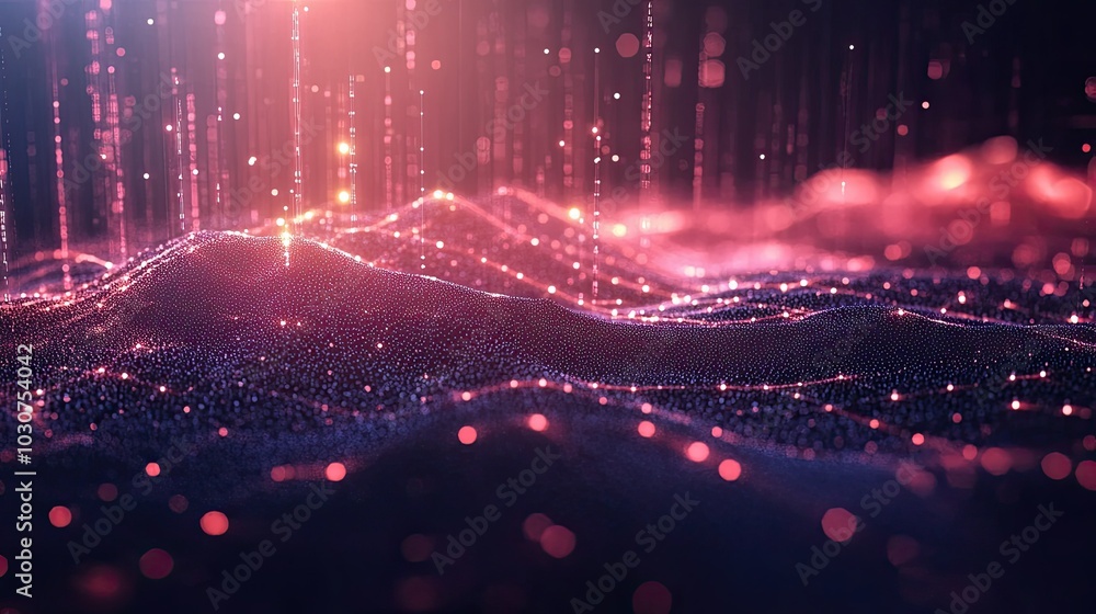 Poster abstract geometric shapes and glowing data points representing the flow of information in tech proce