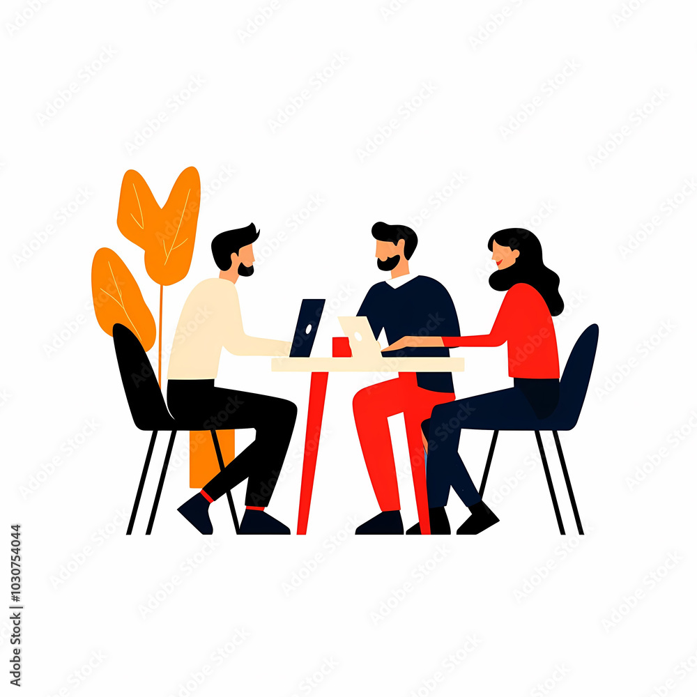 Poster collaborative group of coworkers working on project at table with laptops. scene features modern wor