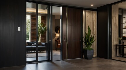 Fototapeta premium Modern interior design with sleek black walls, a wooden door, and a large glass sliding door leading to a lounge area with a couch and plants.