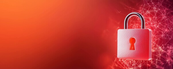 A vibrant red background features a padlock, symbolizing security and protection in the digital age.